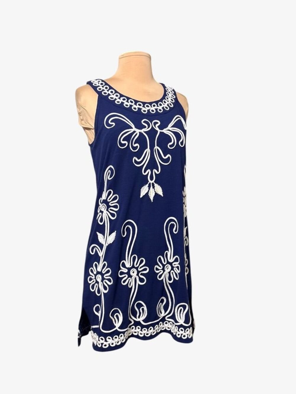 Vintage Jersey Shift Dress S Navy Blue White Embroidered Soutache Preppy Lilly